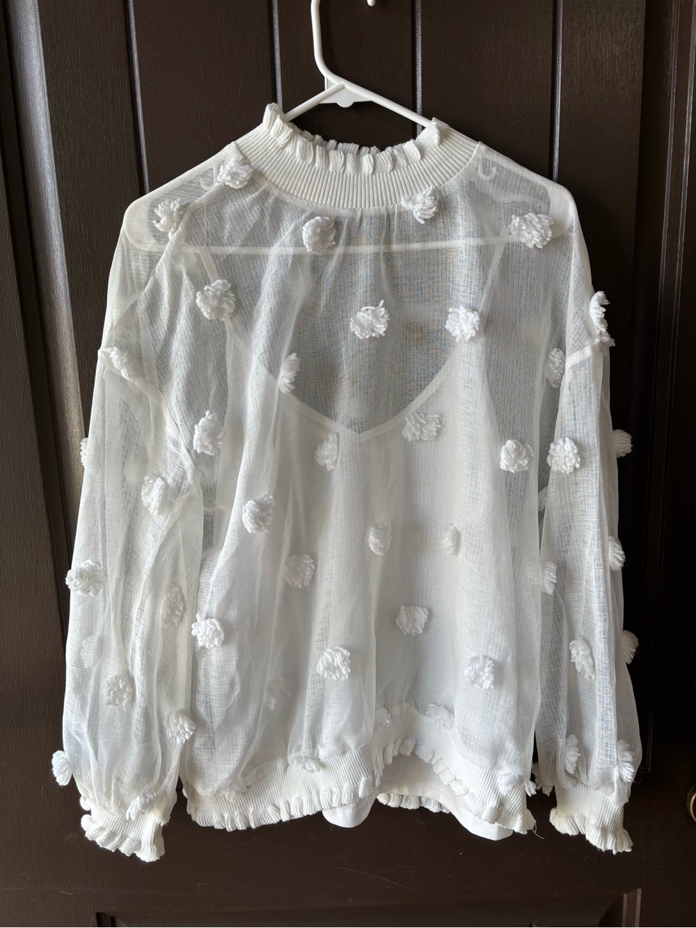 Entro Sheer White Pom-Pom Long Sleeve Top medium
